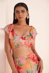 AFFROZ_Pink Modal Satin Printed Floral Sweetheart Slit Skirt Set _at_Aza_Fashions