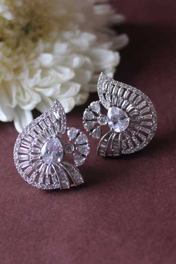 Nayaab By Sonia_Silver Plated Fabric Flowers Eargsmic Solitude Faux Diamond Studs _Online_at_Aza_Fashions