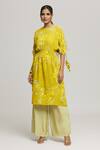 Buy_LABEL SHRISTI CHETANI_Yellow Crepe Printed Abstract Round Rangat Flared Kurta With Pant _at_Aza_Fashions