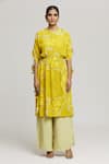 Shop_LABEL SHRISTI CHETANI_Yellow Crepe Printed Abstract Round Rangat Flared Kurta With Pant _Online_at_Aza_Fashions