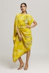 Buy_LABEL SHRISTI CHETANI_Yellow Crepe Printed Abstract Boat Ulas Splatter Dress _at_Aza_Fashions