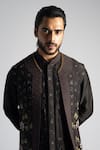 Shop_Paarsh_Brown Bamberg Silk Embroidered Thread Tonal Nehru Jacket Set _Online_at_Aza_Fashions