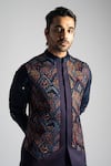 Shop_Paarsh_Blue Linen Satin Embroidered Nehru Jacket Kurta Set _Online_at_Aza_Fashions