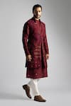 Buy_Paarsh_Red Bamberg Silk Embroidered Sequin And Resham Nehru Jacket Kurta Set _at_Aza_Fashions