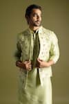 Buy_Paarsh_Green Bamberg Silk Embroidered Thread Open Nehru Jacket Set _Online_at_Aza_Fashions