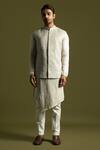 PAARSH_Gray Linen, Satin Embroidery, Cut Work Grey Bundi Jacket _Online_at_Aza_Fashions