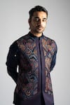 Paarsh_Blue Velvet Embroidered Thread Nehru Jacket _Online_at_Aza_Fashions