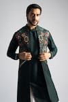 Buy_Paarsh_Green Bamberg Silk Embroidered Thread Nehru Jacket And Kurta Set _Online_at_Aza_Fashions