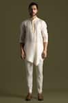 Paarsh_Cream Kurta Bamberg Silk Embroidered Thread French Knot Placket With Pant _Online_at_Aza_Fashions