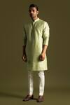 Shop_Paarsh_Green Cotton Embroidery Pintuck Kurta With Pant Pyjama _Online_at_Aza_Fashions