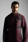 Shop_PAARSH_Maroon Cotton Embroidery, Beads Floral Thread Kurta With Pant _Online_at_Aza_Fashions