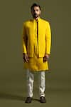 Buy_Paarsh_Yellow Linen Satin Embroidery Thread Tribe And Mirror Jacket Kurta Set _at_Aza_Fashions