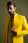 Buy_Paarsh_Yellow Linen Satin Embroidery Thread Tribe And Mirror Jacket Kurta Set _Online_at_Aza_Fashions