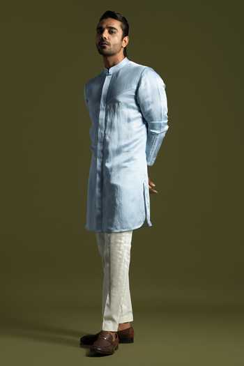 Buy_PAARSH_Blue Cotton, Linen, Satin Pintuck Front Open Kurta With Trouser _at_Aza_Fashions