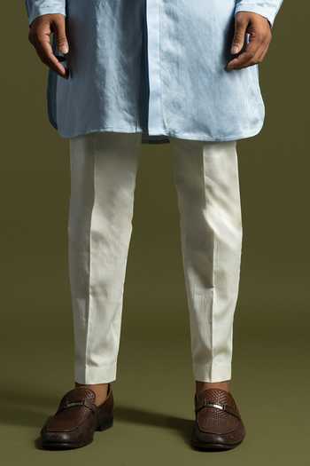 PAARSH_Blue Cotton, Linen, Satin Pintuck Front Open Kurta With Trouser _Online_at_Aza_Fashions