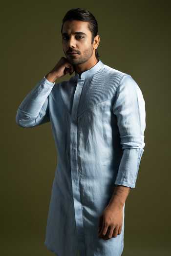 Shop_PAARSH_Blue Cotton, Linen, Satin Pintuck Front Open Kurta With Trouser _Online_at_Aza_Fashions