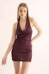 Buy_Torqadorn_Maroon Polyester Rhinestones Halter , Cowl Studded Dress _Online_at_Aza_Fashions