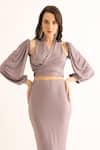 Torqadorn_Purple Polyester Rhinestones Halter Neck Studded Crop Top _at_Aza_Fashions
