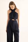 Buy_TORQADORN_Blue Suiting Pin Stripe Halter Neck Waistcoat  _at_Aza_Fashions
