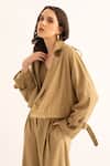 Torqadorn_Brown Cotton Collared Checkered Pattern Crop Trench Jacket _Online_at_Aza_Fashions