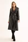 Buy_TORQADORN_Black Faux Leather Plain Notched Lapel Collar Long Trench Jacket  _at_Aza_Fashions