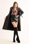 TORQADORN_Black Faux Leather Plain Notched Lapel Collar Long Trench Jacket  _Online_at_Aza_Fashions