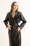 Buy_TORQADORN_Black Faux Leather Plain Notched Lapel Collar Long Trench Jacket  _Online_at_Aza_Fashions