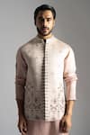 Paarsh_Pink Linen Satin Embroidered Geometric Thread Bundi Jacket _Online_at_Aza_Fashions