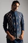 Paarsh_Blue Chanderi Embroidered Egyptian Scripture Thread Nehru Jacket _Online_at_Aza_Fashions