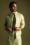 Paarsh_Green Bamberg Silk Embroidered Egyptian Scripture Thread Work Nehru Jacket _Online_at_Aza_Fashions