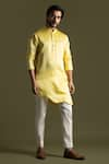 Buy_Paarsh_Yellow Kurta Linen Satin Embroidered Thread Scalloped Hem With Pant Pyjama _at_Aza_Fashions