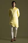 Shop_Paarsh_Yellow Kurta Linen Satin Embroidered Thread Scalloped Hem With Pant Pyjama _at_Aza_Fashions