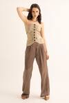 Buy_TORQADORN_Brown Poly Blend Plain Straight Neck Metallic Pleated Tube Waistcoat  _at_Aza_Fashions