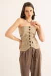 TORQADORN_Brown Poly Blend Plain Straight Neck Metallic Pleated Tube Waistcoat  _Online_at_Aza_Fashions