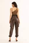 Shop_TORQADORN_Brown Stretch Faux Leather Plain Cargo Pant  _at_Aza_Fashions