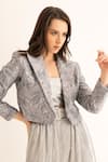 TORQADORN_Silver Brocade Fabric Woven Abstract Marble Pattern Crop Blazer  _Online_at_Aza_Fashions