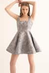 Torqadorn_Silver Brocade Square Neck Abstract Marble Pattern Skater Dress_Online_at_Aza_Fashions