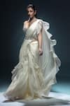 Kavita arora_Ivory Pure Chiffon Pre-draped Ruffle Saree With Sequins Work Bustier _Online_at_Aza_Fashions