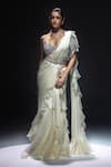 Buy_Kavita arora_Ivory Pure Chiffon Pre-draped Ruffle Saree With Sequins Work Bustier _at_Aza_Fashions