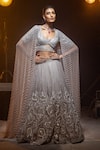 Shop_Kavita arora_Silver Pure Silk Organza Hand Embroidered Beads V Bridal Lehenga Set  _Online_at_Aza_Fashions