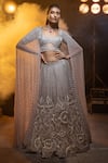 Buy_Kavita arora_Silver Pure Silk Organza Hand Embroidered Beads V Bridal Lehenga Set  _at_Aza_Fashions