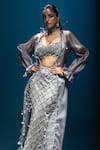 Kavita arora_Grey Net Hand Embroidered Crystals Sweetheart Cape Skirt Set  _Online_at_Aza_Fashions