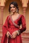 Shop_KARAJ JAIPUR_Red Anarkali Velvet Embroidery Cut Dana V Neck Bullion Leaf Set  _at_Aza_Fashions