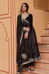 Buy_KARAJ JAIPUR_Black Anarkali Velvet Embroidery Cut Dana V Neck Plume Leaf Set  _at_Aza_Fashions