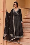 KARAJ JAIPUR_Black Anarkali Velvet Embroidery Cut Dana V Neck Plume Leaf Set  _Online_at_Aza_Fashions