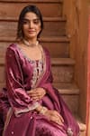 KARAJ JAIPUR_Wine Kurta And Pant Velvet Embroidery Aari U Neck Clover Fleur Set _at_Aza_Fashions