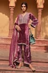 Buy_KARAJ JAIPUR_Wine Kurta And Pant Velvet Embroidery Cut Dana V Neck Ambrosia Yoke Short Set _at_Aza_Fashions