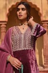 Buy_KARAJ JAIPUR_Wine Kurta And Pant Velvet Embroidery Cut Dana V Neck Ambrosia Yoke Short Set _Online_at_Aza_Fashions