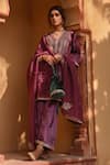 Shop_KARAJ JAIPUR_Wine Kurta And Pant Velvet Embroidery Cut Dana V Neck Ambrosia Yoke Short Set _Online_at_Aza_Fashions