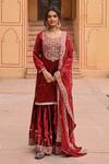 Buy_KARAJ JAIPUR_Red Kurta And Sharara Velvet Embroidery Dori Round Neck Bahar Fleur Set _at_Aza_Fashions